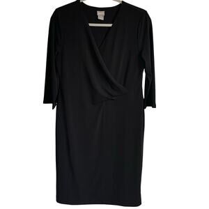 Chico’s Faux Wrap Midi Dress Sz M (8-10) 3/4 Sleeves Black Lined V-Neck Neutral